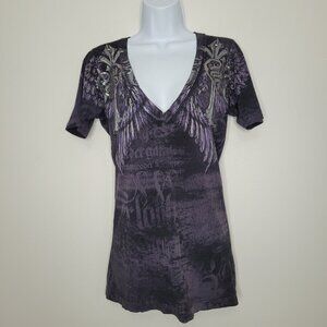 Sinful purple deep v neck wing text print short sleeve cyber grunge goth top L